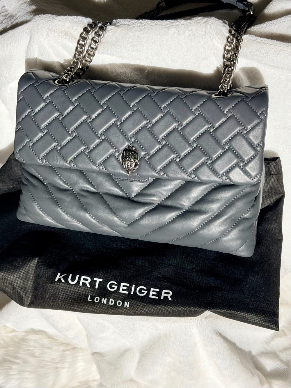 NWT Kurt Geiger London Kensington Soft Leather Woven Quilted Bag Grey Gunmetal